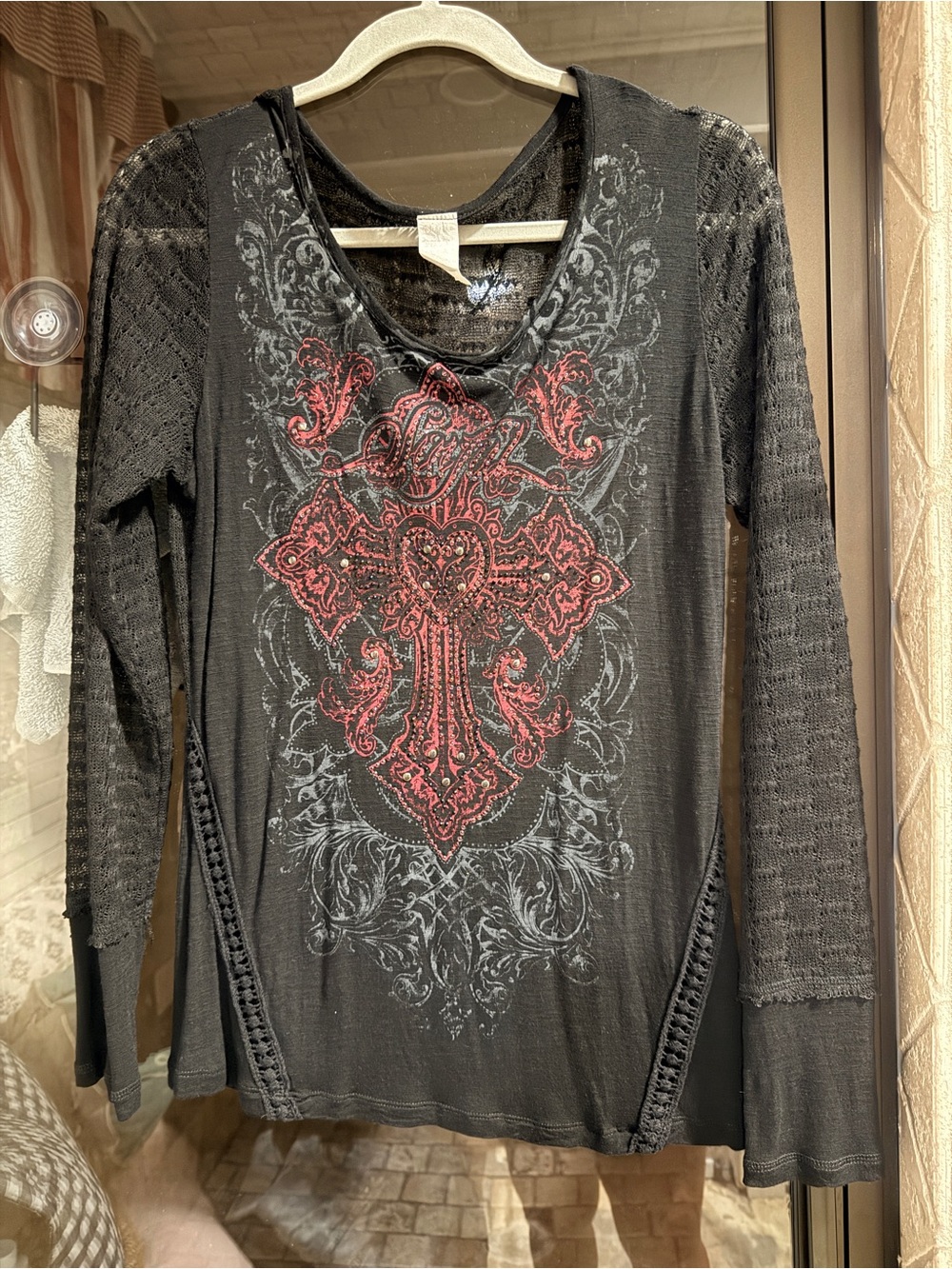 Sinful Black Long Sleeve Top with Red Cross Graphic